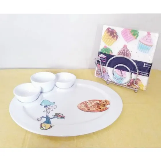 Plato De Porcelana Pasapalos Med. + Posillos + Servilletero 