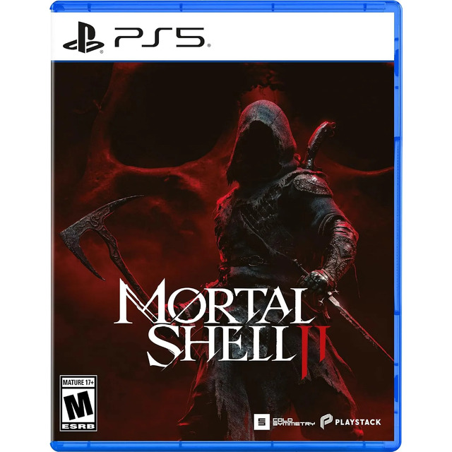 Capa do jogo Mortal Shell II para PlayStation 5 com arte sombria destacando um personagem encapuzado e o selo de classificação M para Mature 17+.