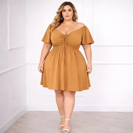 Vestido Plus Size Feminino Manga Bufante Cordão Ajustável