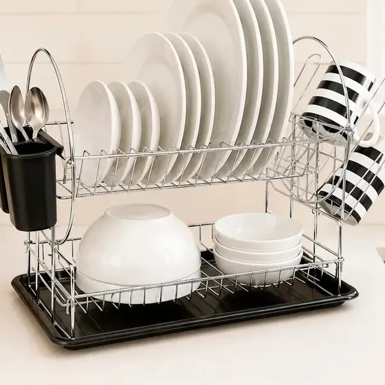 Escurridor Secaplatos Hogar Actual Acero Cromado 2 Niveles Organizador Cocina Con Cubiertero Bandeja Color Negro