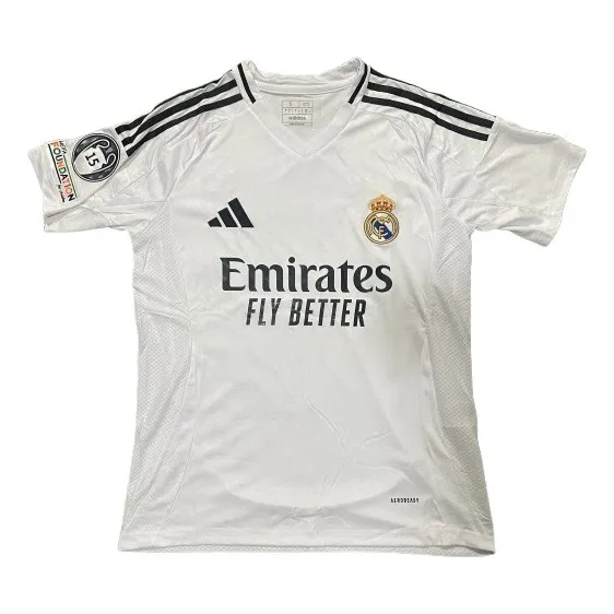 Camisa Real Madrid Blanca, Parcho Uefa, Dorsal Mbappe 24/25