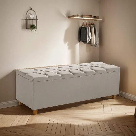Recamier Bau Linho Casal 130cm Minimalista Pé Madeira