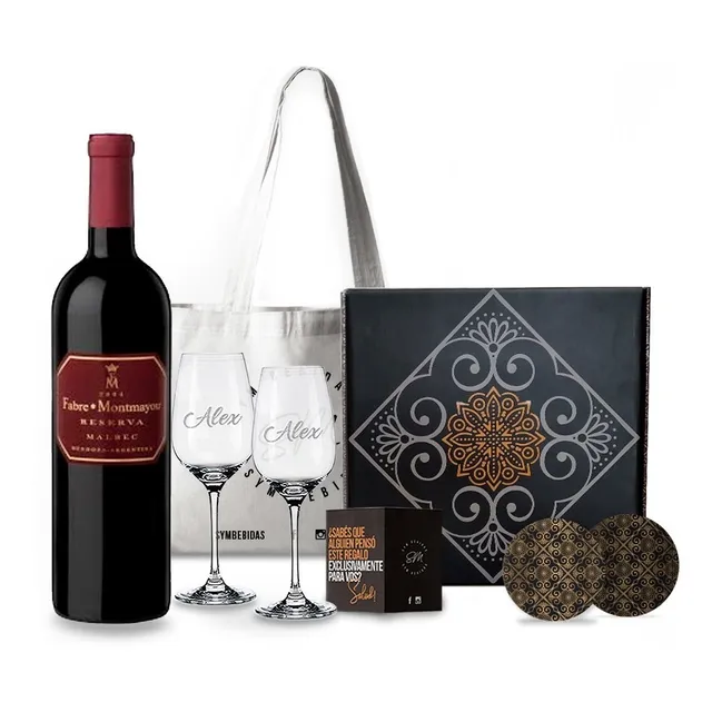 Box Vino Fabre Malbec Reserva Copas Transparentes Grabadas  
