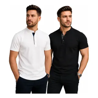 Kit 2 Camisas Gola Padre Malha Slim Masculina Lisa Algodão
