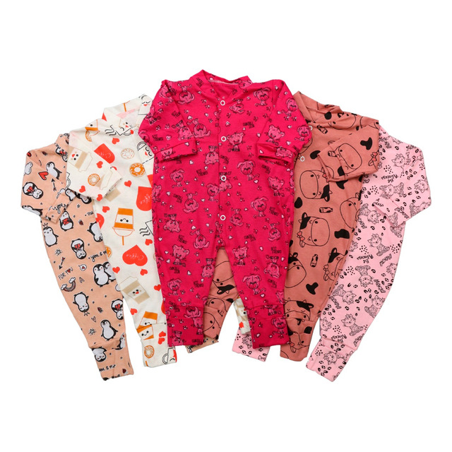 Kit 5 Macacão De Bebê Vira Pé Estampado - Menino E Menina Kit 5 Macacão De Bebê Vira Pé Estampado - Menino E Menina