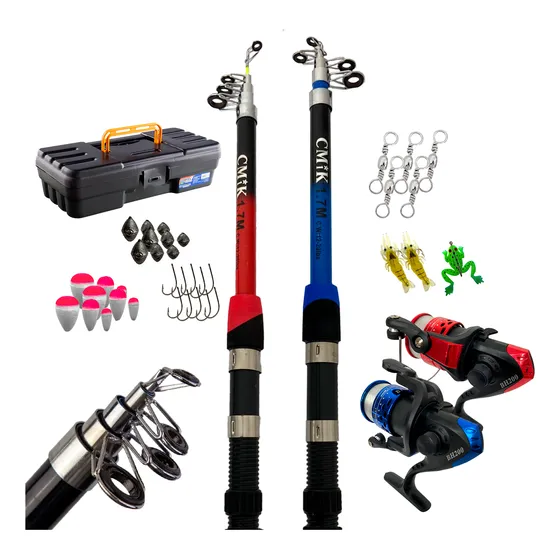 Kit De Pesca Barato 2 Varas 1,8m + 2 Molinetes E Acessórios