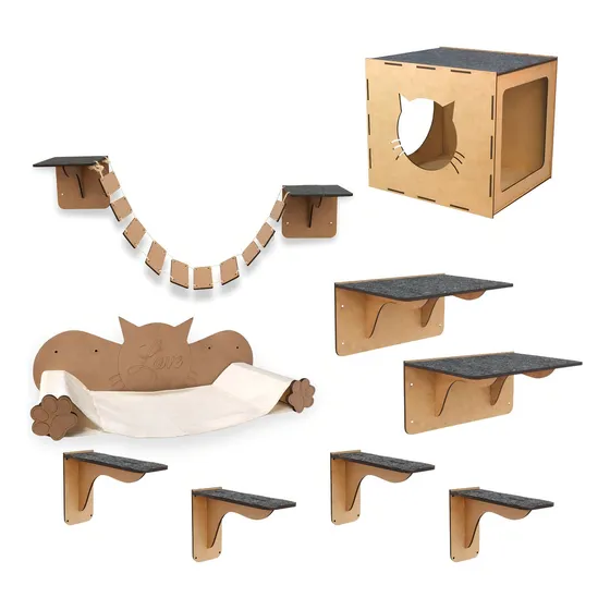 Box Fan Playground Para Gato de Parede Nicho Prateleira Rede E Degrau Kit com 9 Peças
