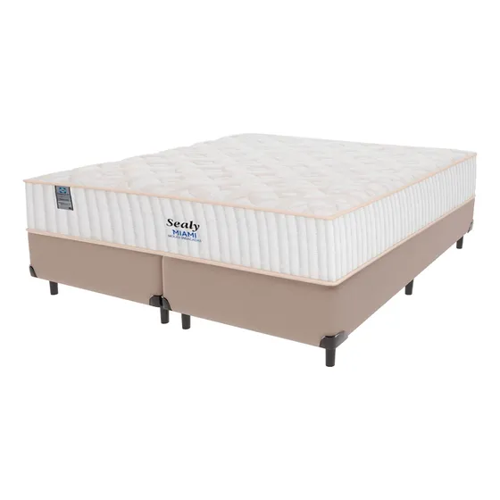 Cama Box Bege E Colchão King Miami Molas Ensacadas Sealy