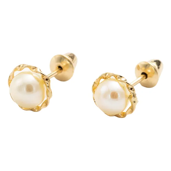 Brinco Rococó De Fio Torcido Em Ouro 18k Perola 4mm