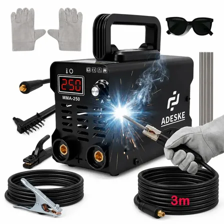Máquina de solda preta Adeske MMA-250, 20-250A, tecnologia de inversor, inclui acessórios, display digital, proteção contra sobrecarga, 4,8kW, 2,7 kg