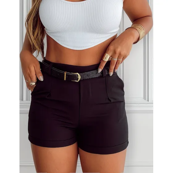 Short Alfaiataria Cinto Com Brilho Bolsos Zíper Lateral Leve