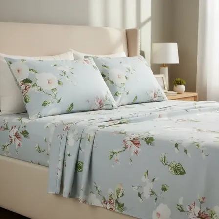Lençol Casal 3 Peças 400 Fios Ponto Palito Estampado Macio Verde-claro Floral Verde