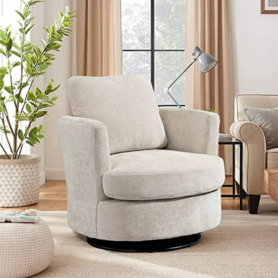 Sillón Giratorio Moderno Para Sala De Estar En Chenilla Beig