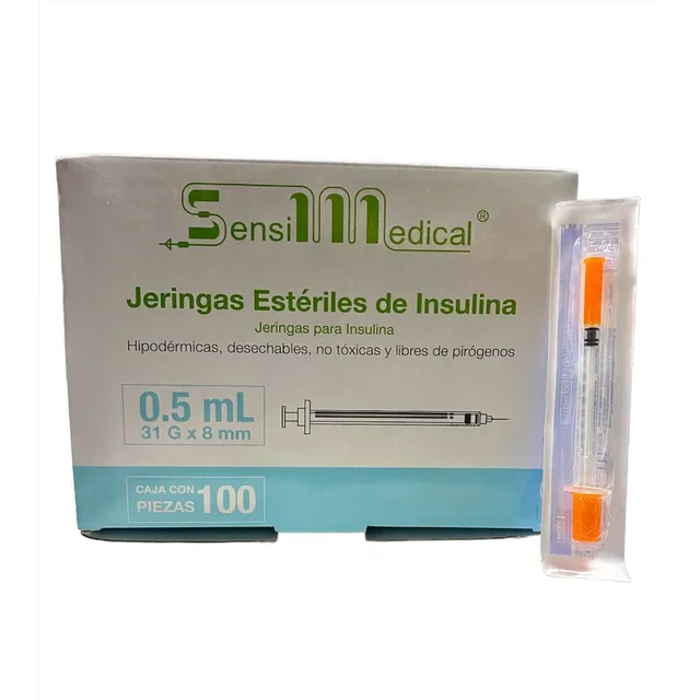 100 Jeringas Para Insulina Sensimedical 31g X 8mm 0.5ml Capacidad en volumen 0.5 mL
