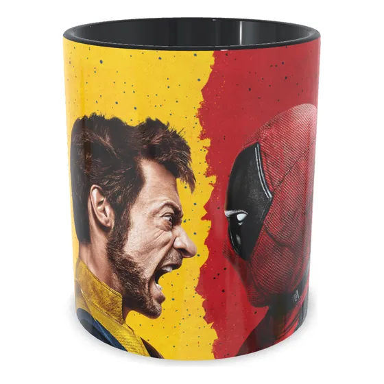 Caneca Xícara Wolverine E Deadpool Pose Cara A Cara Cor Preta
