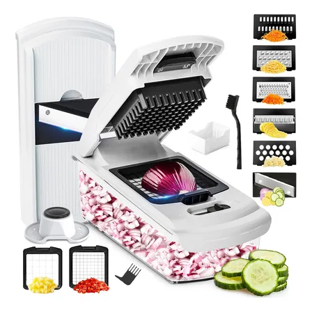 Chefolla Zf2401 Rallador Cortador Rebanador Picador Con 8 Cuchillas Filosas Mejoradas Para Verduras Y Frutas Multicorte En Julianas Cuadros Grandes Y Pequeños Incluye Contenedor De Alimentos Blanco