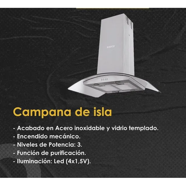 Campana Isla Bacco 90 Cm Acero Vidrio Curbo Doble Botonera 