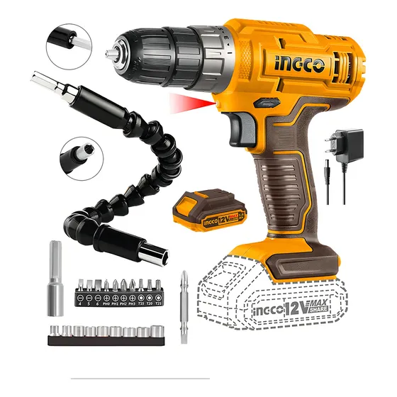 Taladro Atornillador 12v Ingco Inalámbrico + 21 Accesorios Color Amarillo Frecuencia 50Hz 60Hz