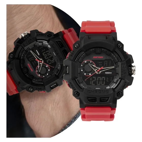 Relógio Masculino Digital E Analógico Esportivo De Pulso Com Pulseira De Silicone À Prova D' Água Vermelho e Preto Resistente Shock Tático Militar Urbano Surf Action - MOAD1105AA/8R Mormaii