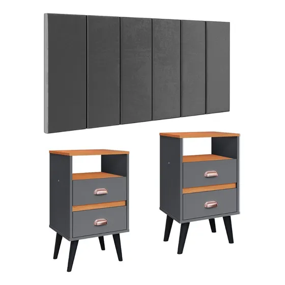 Cabeceira Estofada 1,4 Modular Kit Mesa Pequena Pés Retrô Cor Cinza Suede | Cinza/Cinamomo