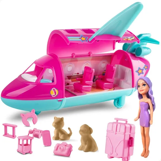 Aviao Jatinho Com Boneca Aeromoça Aventura Explorar Menina