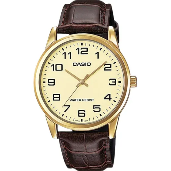 Reloj Casio Mtpv001 Hombre Correa Piel Marrón Bisel Dorado Fondo Dorado