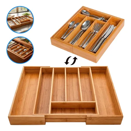Organizador de Talheres de Bambu Madeira Extensível para Gaveta, com 7 Compartimentos Ajustáveis