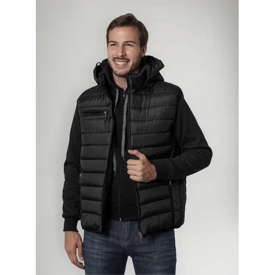 Chaleco Hombre Inflable Negro Abrigado Capucha Desmontable 