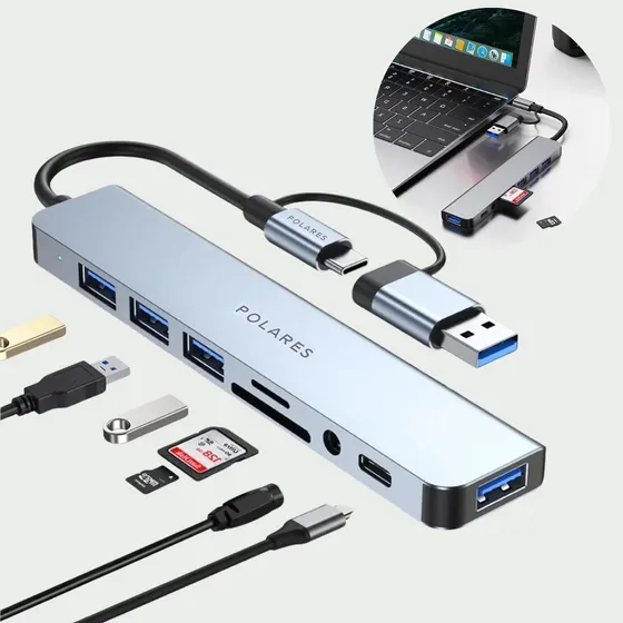 Adaptador Hub Usb-c E 3.0, 8 Em 1 P2 Estéreo Usb Sd Cartões Polares