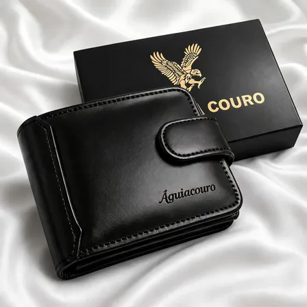 Carteira Masculina Couro Legítimo Preta Com Fecho Botão Preto Liso