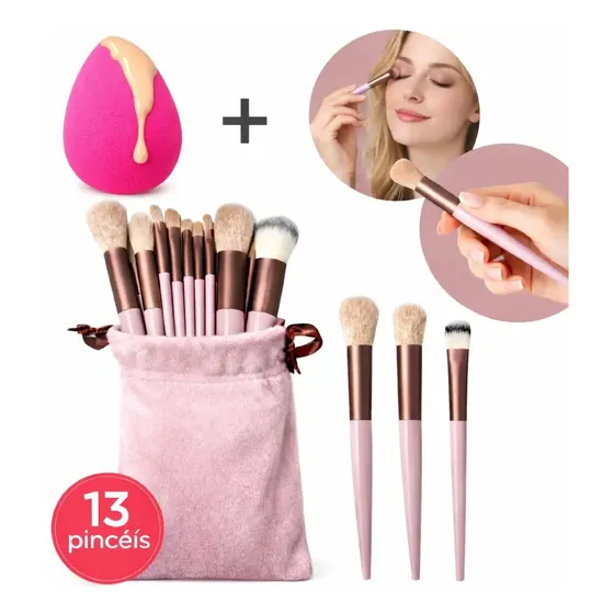 Pincel Maquiagem Kit 13 Peças Profissional Com Estojo e Esponja Nude Boa Dica