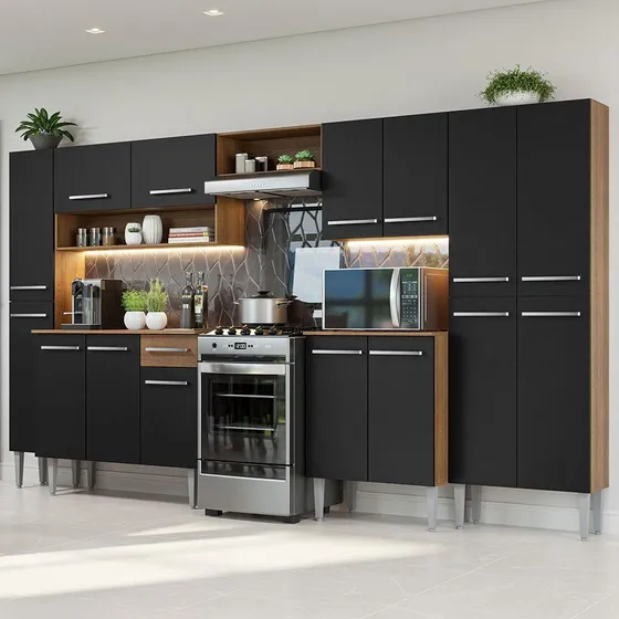 Cocina Integral Completa Modular Madesa Emilly 325cm 02 Color Rustic/Negro