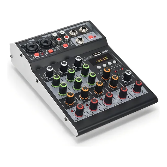 Winmix Mezclador de Audio de 4 Canales Consola de Audio Bluetooth Tarjeta de Sonido USB 48V Phantom Power Consola de Mezcladora de Audio para DJ Grabación Broadcast Podcast Streaming Guitarra y Gamer