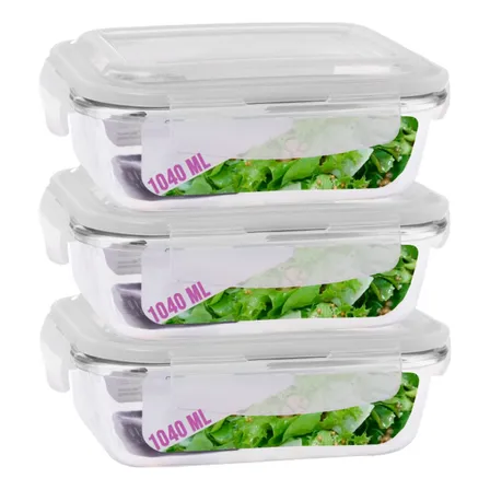 Kit 3 Pote Tampa Hermetica Retangular Vidro 1040ml Multiuso Sortido