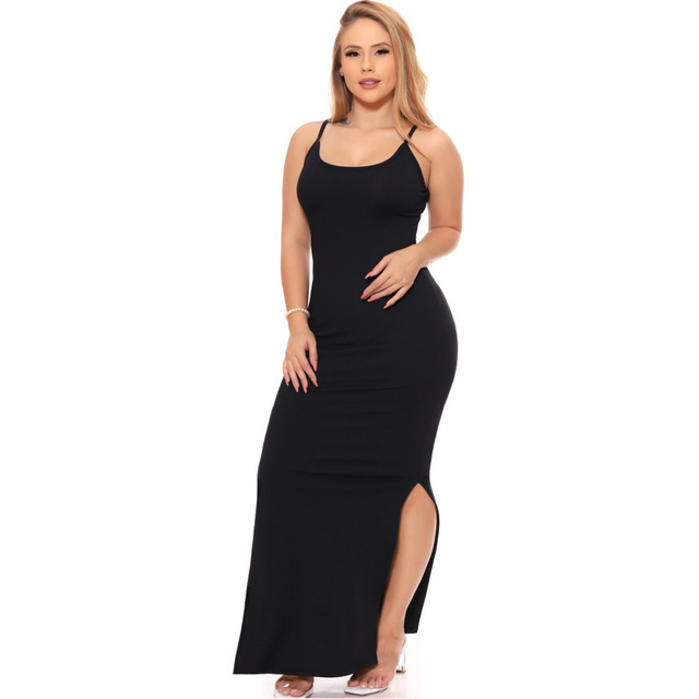 Novo Vestido Longo Alcinha Canelado Fenda Lateral Casual Novo Vestido Longo Alcinha Canelado Fenda Lateral Casual