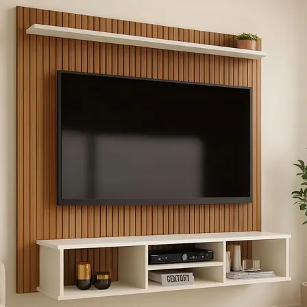 Painel Para Tv Até 50 Polegadas Estante Ripado 3d Everest Off White