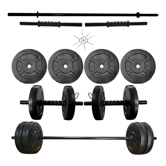Kit 2 Mancuernas + Barra + 20 Kg. Discos Pesas Pvc Sonnos Color Negro
