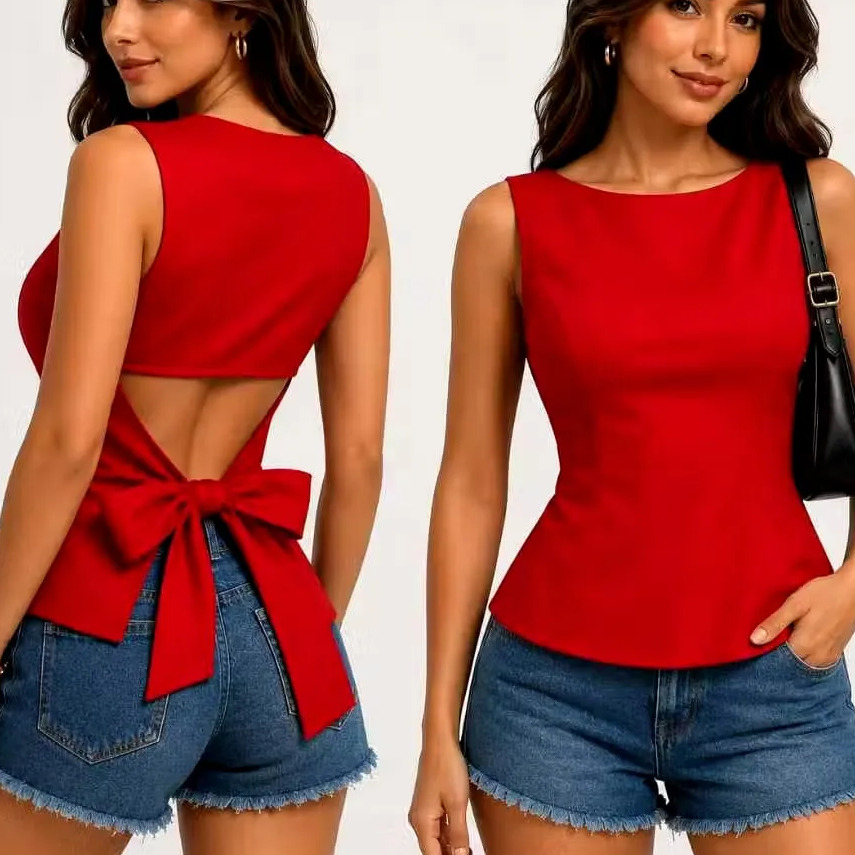 Vista frontal e traseira de uma blusa feminina vermelha estilo peplum, com detalhe de laço para amarração nas costas e corte sem mangas.