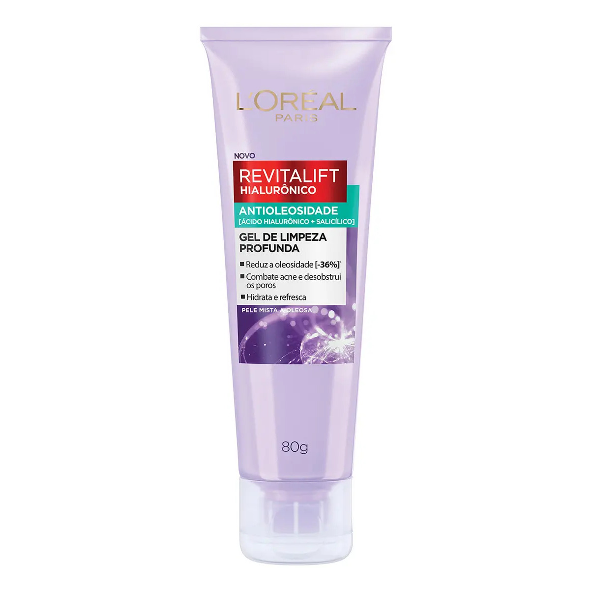 Bisnaga lilás do Gel de Limpeza Facial L'Oréal Paris Revitalift Hialurônico Antioleosidade de 80g, com rótulo destacando os ativos ácido hialurônico e salicílico, para pele mista a oleosa.