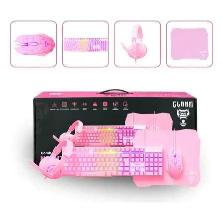 Kit Gamer Rgb Rosa Teclado, Mouse 3600dpi, Headset, Mousepad