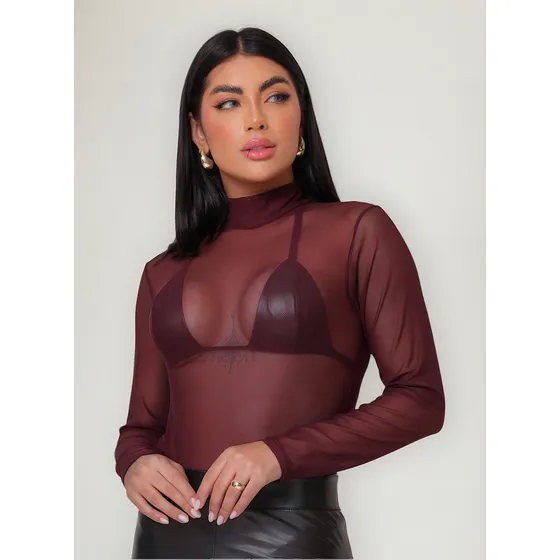 Body Jsa Tule Transparente Manga Longa Feminino
