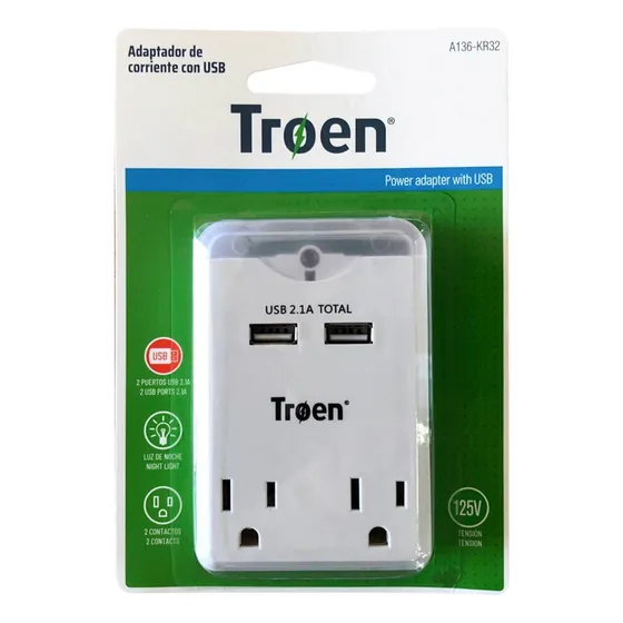 Adaptador De Pared Doble Toma C/luz Led Noche + Usb 2.1a