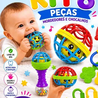 Kit Mordedor para Bebê brinquedo Sensorial Silicone com Chocalho 8 Peças Colorid