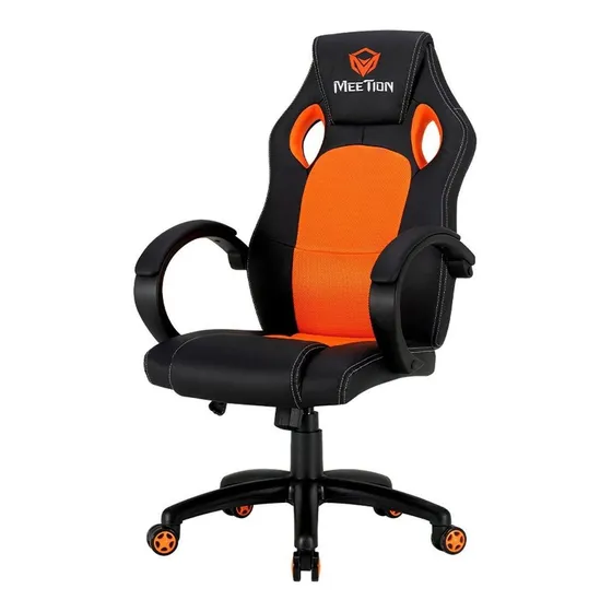 Silla de escritorio Meetion CHR05 gamer ergonómica negra y naranja con tapizado de cuero sintético