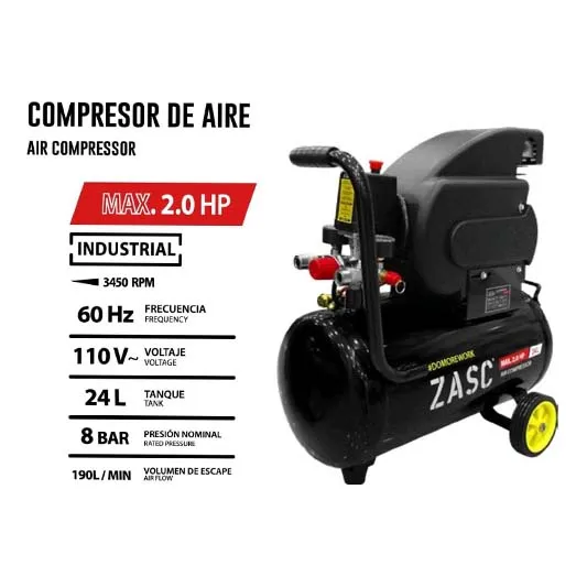 Compresor De Aire 24lts 2hp Funciona Con Aceite Zasc