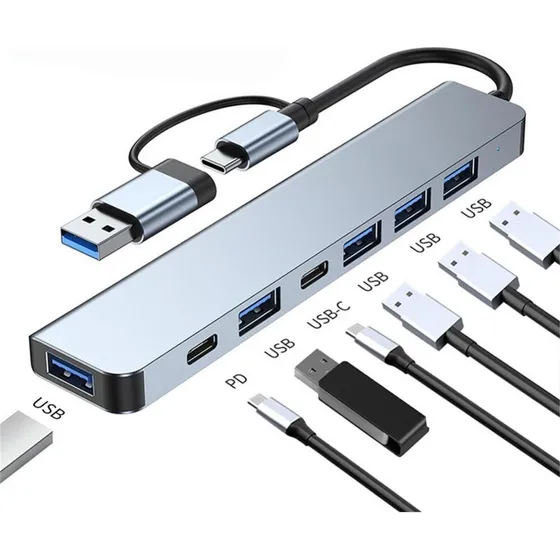Hub Adaptador Multipuertos 7en1 Usb Tipo C 3.0 2.0 Aluminio