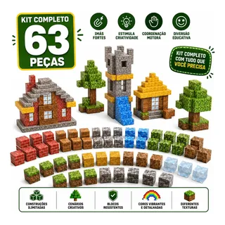 Kit 63 Blocos Magnéticos De Montar Construção Cubo Imã 3D Tipo Craft Pixel Brinq