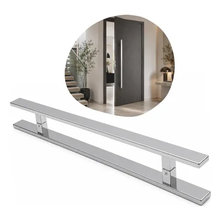Puxador Porta Inox 60cm Duplo Barra Retangular Polido Cromada