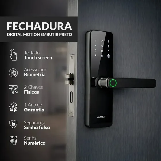 Fechadura de Porta Eletrônica Digital Biométrica com Senha Embutir Alumínio Preto Motion Avant