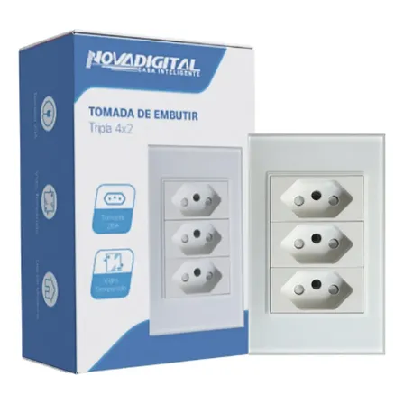 Tomada Tripla Novadigital Compatível 10a E 20a 3 Pinos 3 Tomadas 4x2 Embutir Vidro Temperado Branca Branco